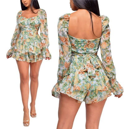 best Women’s Sexy Square Collar Backless Jumpsuit Fashion Flower Bandage High Waist Long Sleeve Playsuit 0 shop online at M2K Trends for