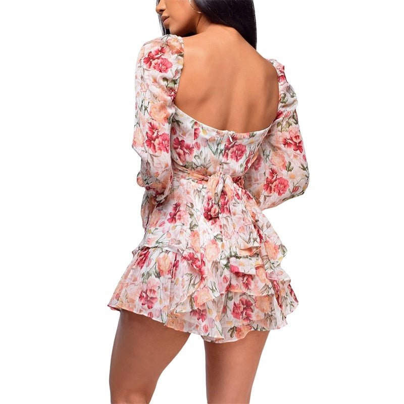 best Women’s Sexy Square Collar Backless Jumpsuit Fashion Flower Bandage High Waist Long Sleeve Playsuit 0 shop online at M2K Trends for