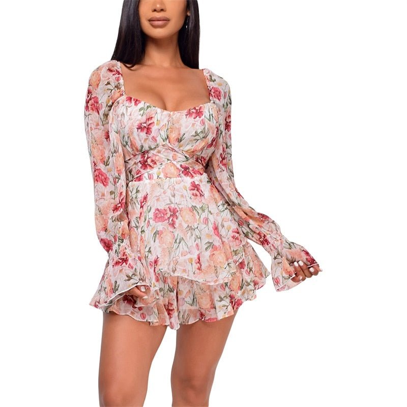 best Women’s Sexy Square Collar Backless Jumpsuit Fashion Flower Bandage High Waist Long Sleeve Playsuit 0 shop online at M2K Trends for