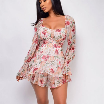 best Women’s Sexy Square Collar Backless Jumpsuit Fashion Flower Bandage High Waist Long Sleeve Playsuit 0 shop online at M2K Trends for