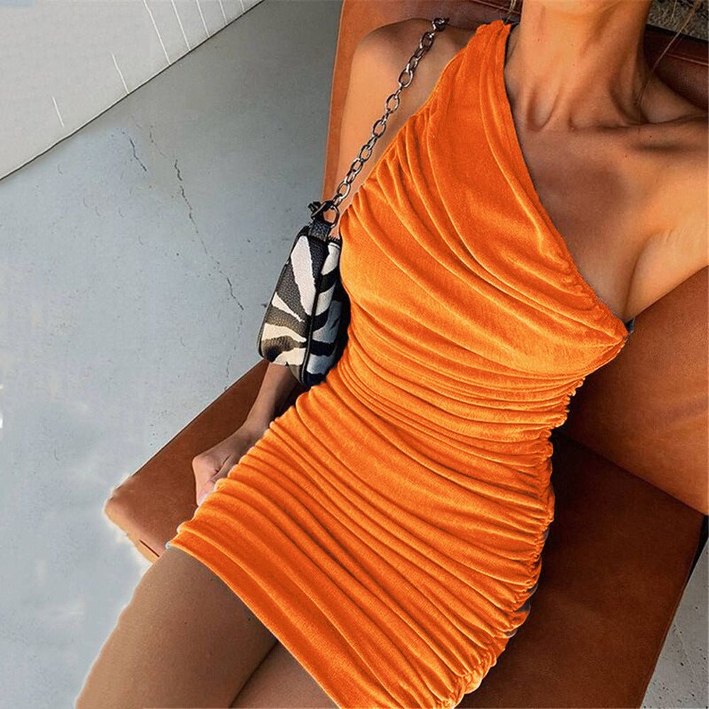 best Women's Solid Color Sexy Trendy Oblique Shoulder Pleated Dress Bag Hip Skirt dress shop online at M2K Trends for women dress