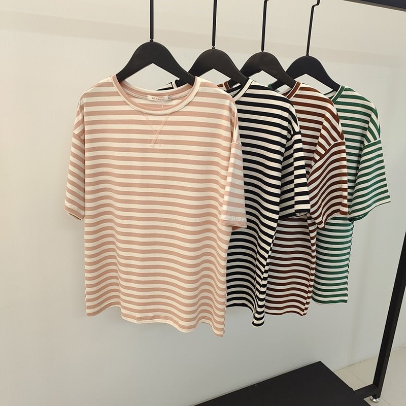 best WOTWOY Summer Short Sleeve Striped T-Shirts Women Knitted Basic Casual Tops Female Cozy Loose Cotton Tees 2023 Harajuku Shirt 0 shop online at M2K Trends for