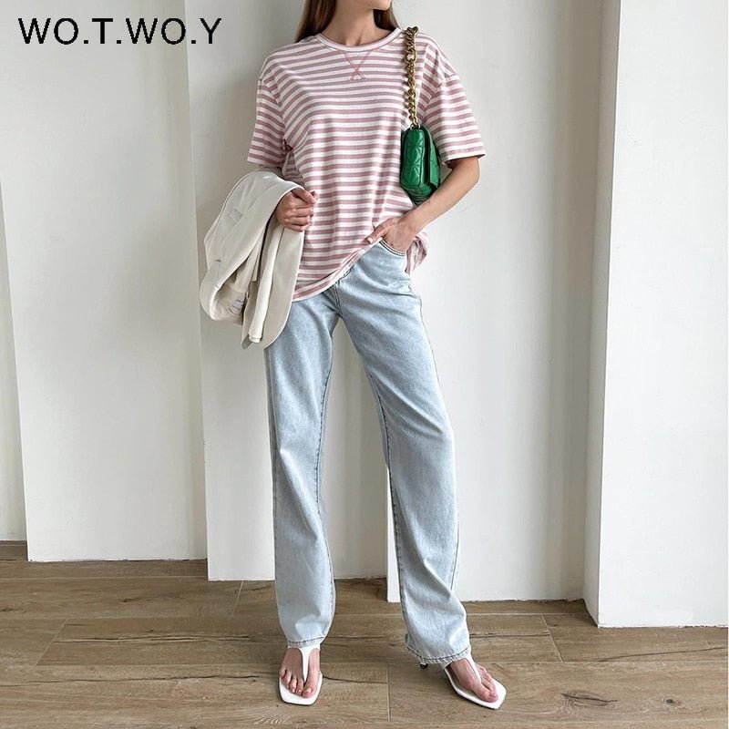 best WOTWOY Summer Short Sleeve Striped T-Shirts Women Knitted Basic Casual Tops Female Cozy Loose Cotton Tees 2023 Harajuku Shirt 0 shop online at M2K Trends for