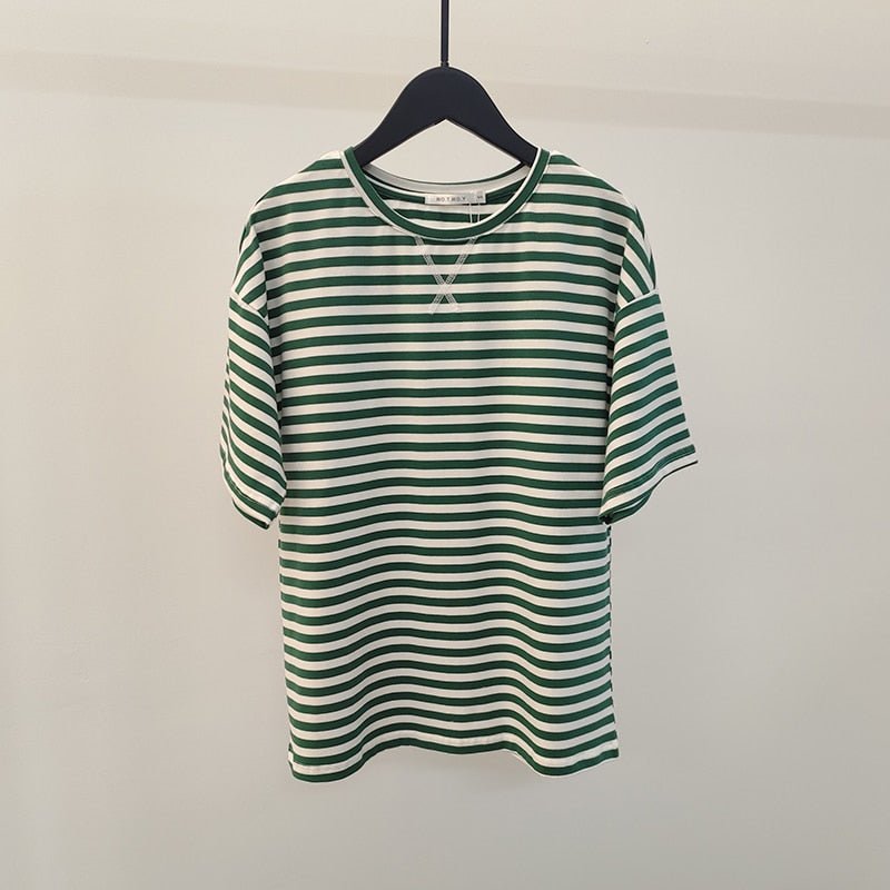 best WOTWOY Summer Short Sleeve Striped T-Shirts Women Knitted Basic Casual Tops Female Cozy Loose Cotton Tees 2023 Harajuku Shirt 0 shop online at M2K Trends for