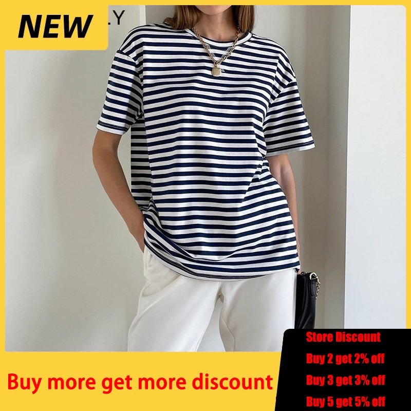 best WOTWOY Summer Short Sleeve Striped T-Shirts Women Knitted Basic Casual Tops Female Cozy Loose Cotton Tees 2023 Harajuku Shirt 0 shop online at M2K Trends for