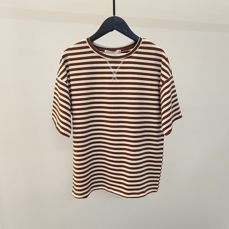 best WOTWOY Summer Short Sleeve Striped T-Shirts Women Knitted Basic Casual Tops Female Cozy Loose Cotton Tees 2023 Harajuku Shirt 0 shop online at M2K Trends for