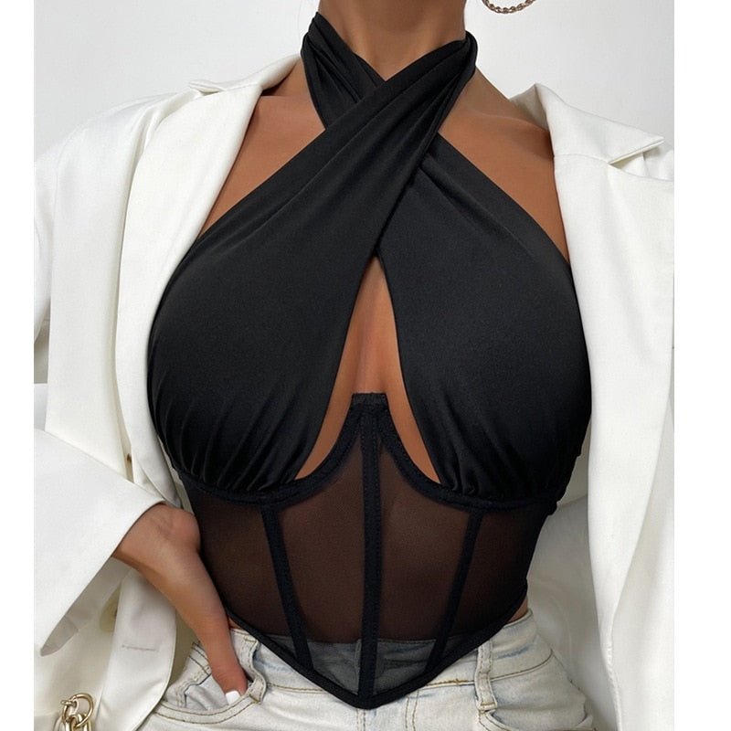 best wsevypo Sexy Cross Halter Corset Bustier Mesh Bone Tank Tops Women Tie Up Wrap Tube Tops Backless Slim Fit Cut Out Front Tops 0 shop online at M2K Trends for