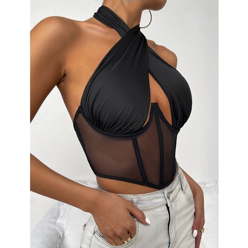 best wsevypo Sexy Cross Halter Corset Bustier Mesh Bone Tank Tops Women Tie Up Wrap Tube Tops Backless Slim Fit Cut Out Front Tops 0 shop online at M2K Trends for