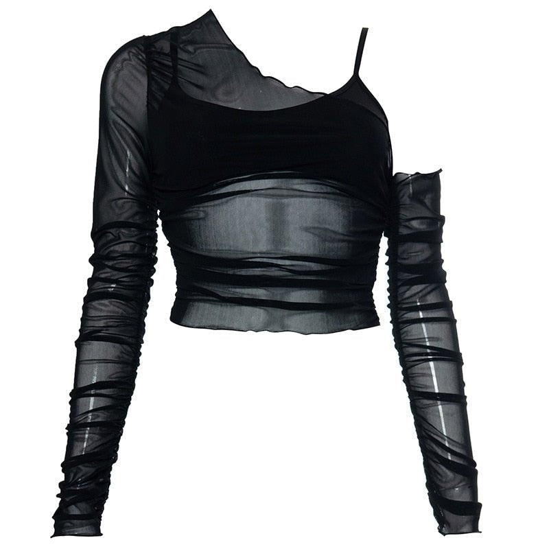 best Y2K Autumn Halter T-shirt Mesh Long Sleeve Backless Crop Top Female Zip Up Slim Fit Tee Sexy Women 90s Aesthetic Streetwear 0 shop online at M2K Trends for