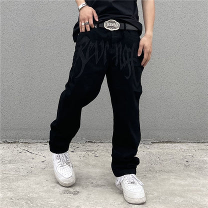 best Men Fashion Black Streetwear Embroidered Low Rise Casual Jeans Trousers Straight Hip Hop Alt Denim Pants Male Clothes Pants shop online at M2K Trends for mens pants