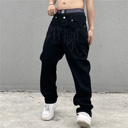 best Men Fashion Black Streetwear Embroidered Low Rise Casual Jeans Trousers Straight Hip Hop Alt Denim Pants Male Clothes Pants shop online at M2K Trends for mens pants