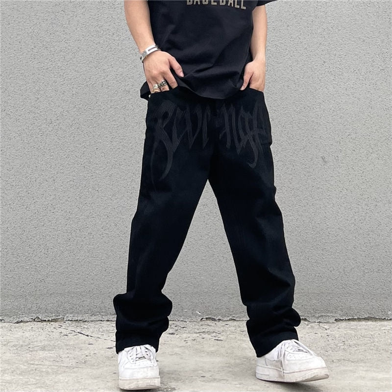 best Men Fashion Black Streetwear Embroidered Low Rise Casual Jeans Trousers Straight Hip Hop Alt Denim Pants Male Clothes Pants shop online at M2K Trends for mens pants