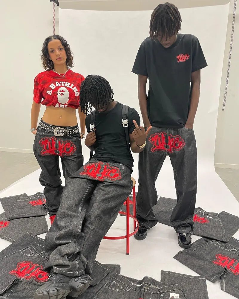 best Y2K Harajuku baggy jeans Gothic Streetwear Vintage printing 2023 New Hip Hop Black Casual Men women Fashion Casual loose jeans shop online at M2K Trends for