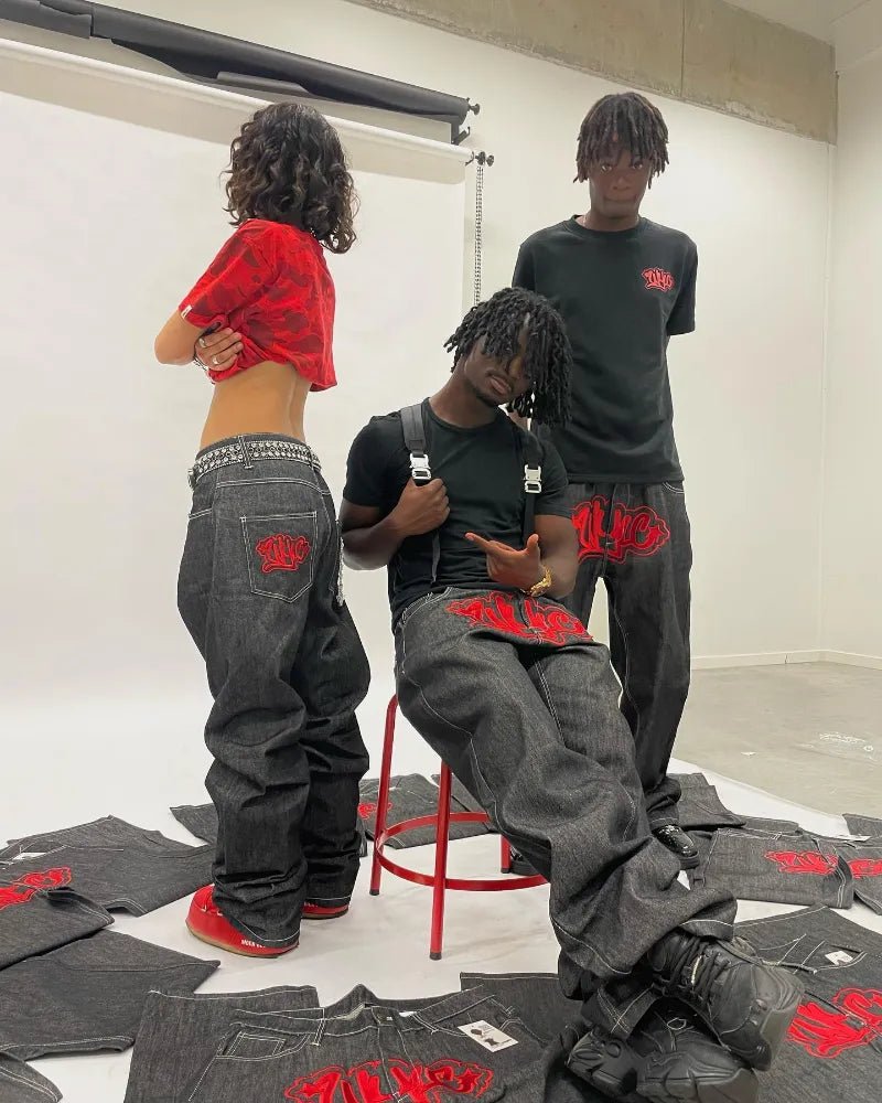 best Y2K Harajuku baggy jeans Gothic Streetwear Vintage printing 2023 New Hip Hop Black Casual Men women Fashion Casual loose jeans shop online at M2K Trends for