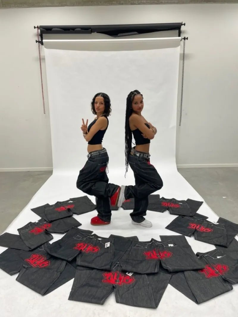 best Y2K Harajuku baggy jeans Gothic Streetwear Vintage printing 2023 New Hip Hop Black Casual Men women Fashion Casual loose jeans shop online at M2K Trends for