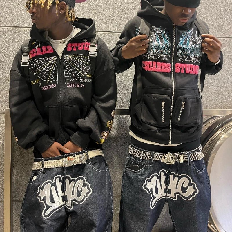 best Y2K men Jeans streetwear Printed Letter Black Vintage Pants 2023 New Harajuku Fashion Casual Loose Men Rock WideLeg baggy jeans shop online at M2K Trends for