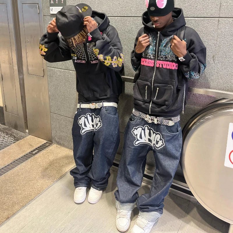 best Y2K men Jeans streetwear Printed Letter Black Vintage Pants 2023 New Harajuku Fashion Casual Loose Men Rock WideLeg baggy jeans shop online at M2K Trends for