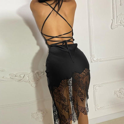 best Y2KGIRL Cyber Spaghetti Strap Lace Bandage Midi Dresses Elegant Party Night Club Fashion Sexy Backless Strap Dress Women Clothes 0 shop online at M2K Trends for