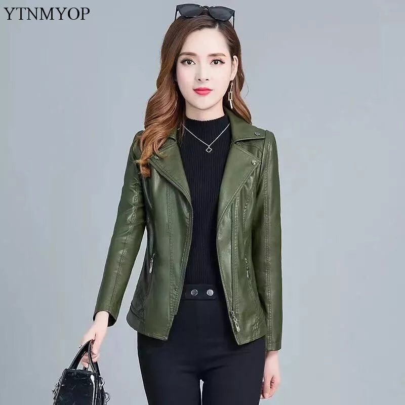 best YTNMYOP 2023 Women Leather Jackets 5XL Army Green Faux Leather Coat Female Leather Clothing Casual Outerwear shop online at M2K Trends for