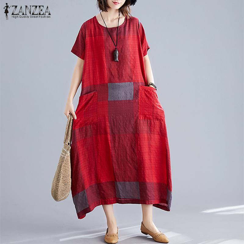 best ZANZEA Fashion Womens Check Sundress Summer Dress Short Sleeve Maxi Vestidos Female Casual Dress O Neck Plaid Robe 0 shop online at M2K Trends for