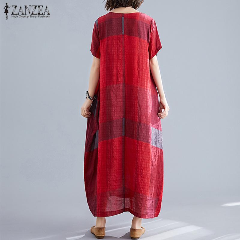 best ZANZEA Fashion Womens Check Sundress Summer Dress Short Sleeve Maxi Vestidos Female Casual Dress O Neck Plaid Robe 0 shop online at M2K Trends for